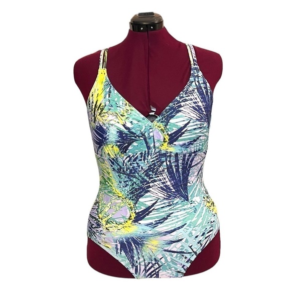 Set of 2: Tropical Palm Print One-Piece Swimsuit & Sea Turtle Chiffon Wrap - Picture 2 of 14